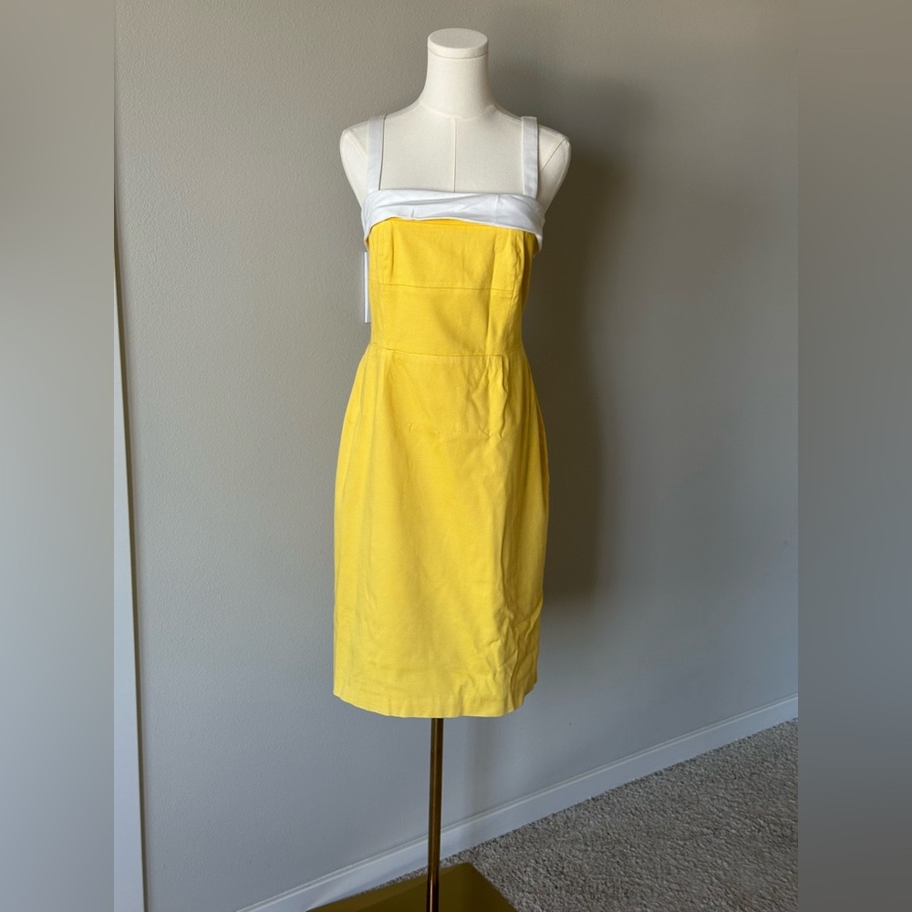 Elegant Yellow Sheath Dress with White Straps & Bust Detail - 42(L)